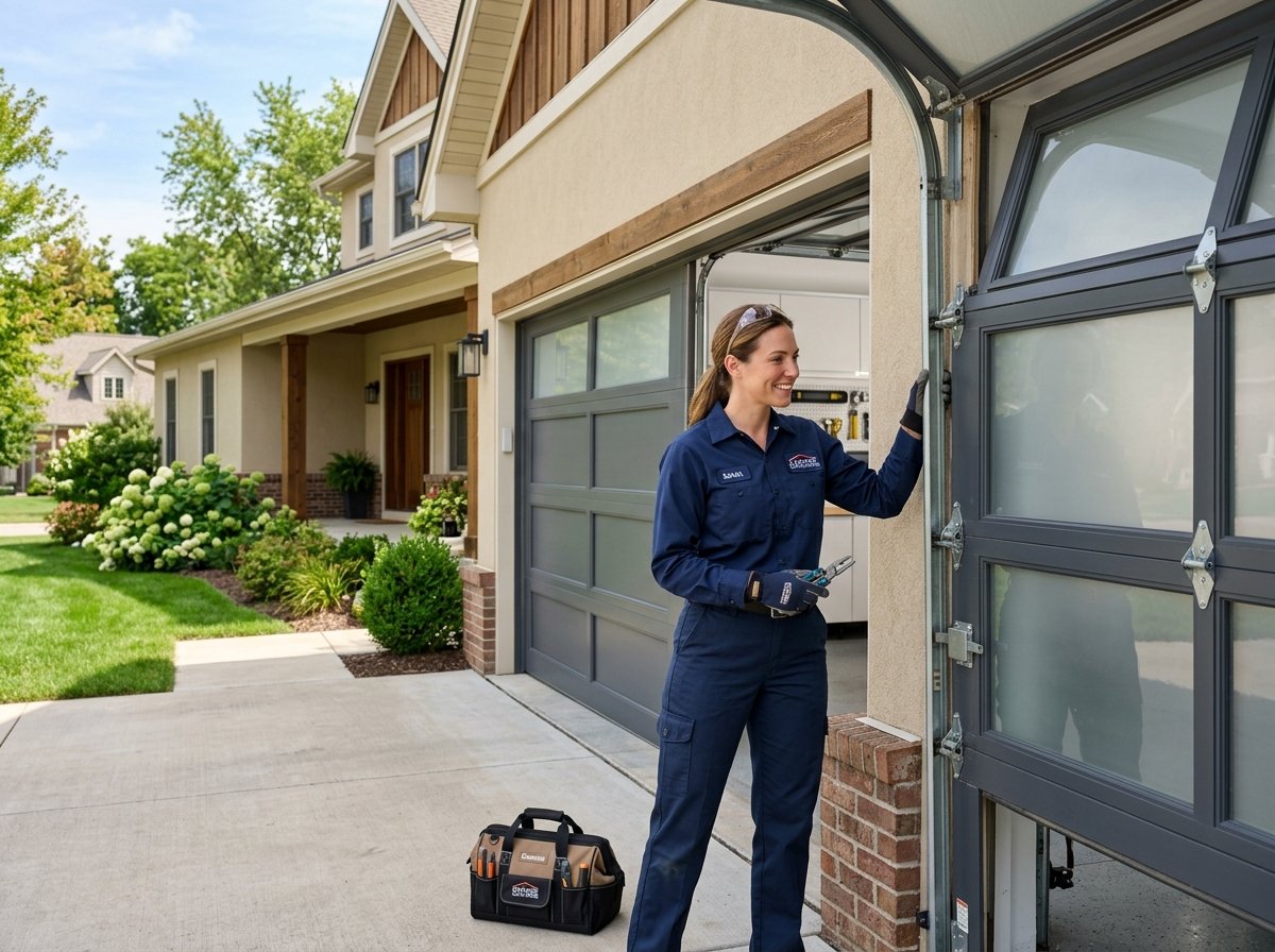 Certified garage door technician inspecting overhead door in Providence RI